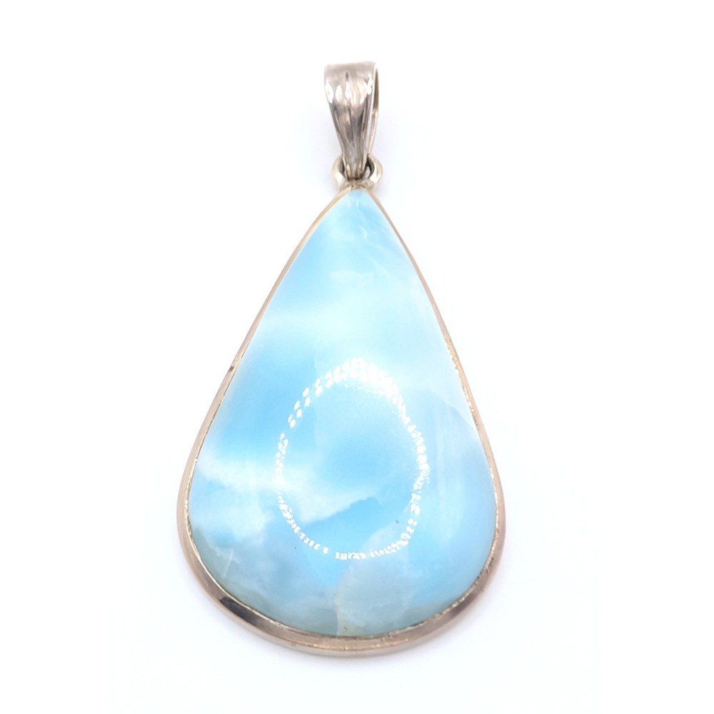Natural Larimar Teardrop Pendant Blue Volcanic Stone Silver Tone